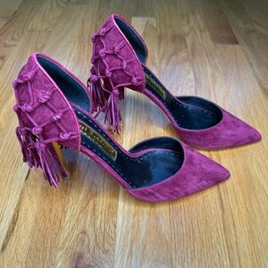 Rupert Sanderson Dewdrop Sangria Suede Macrame D’Orsay Pumps - Size 36.5